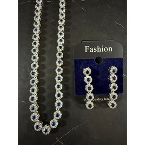 Sapphire Blue Crystal Tennis Stone 17in Necklace and Earrings Set Silver Tone